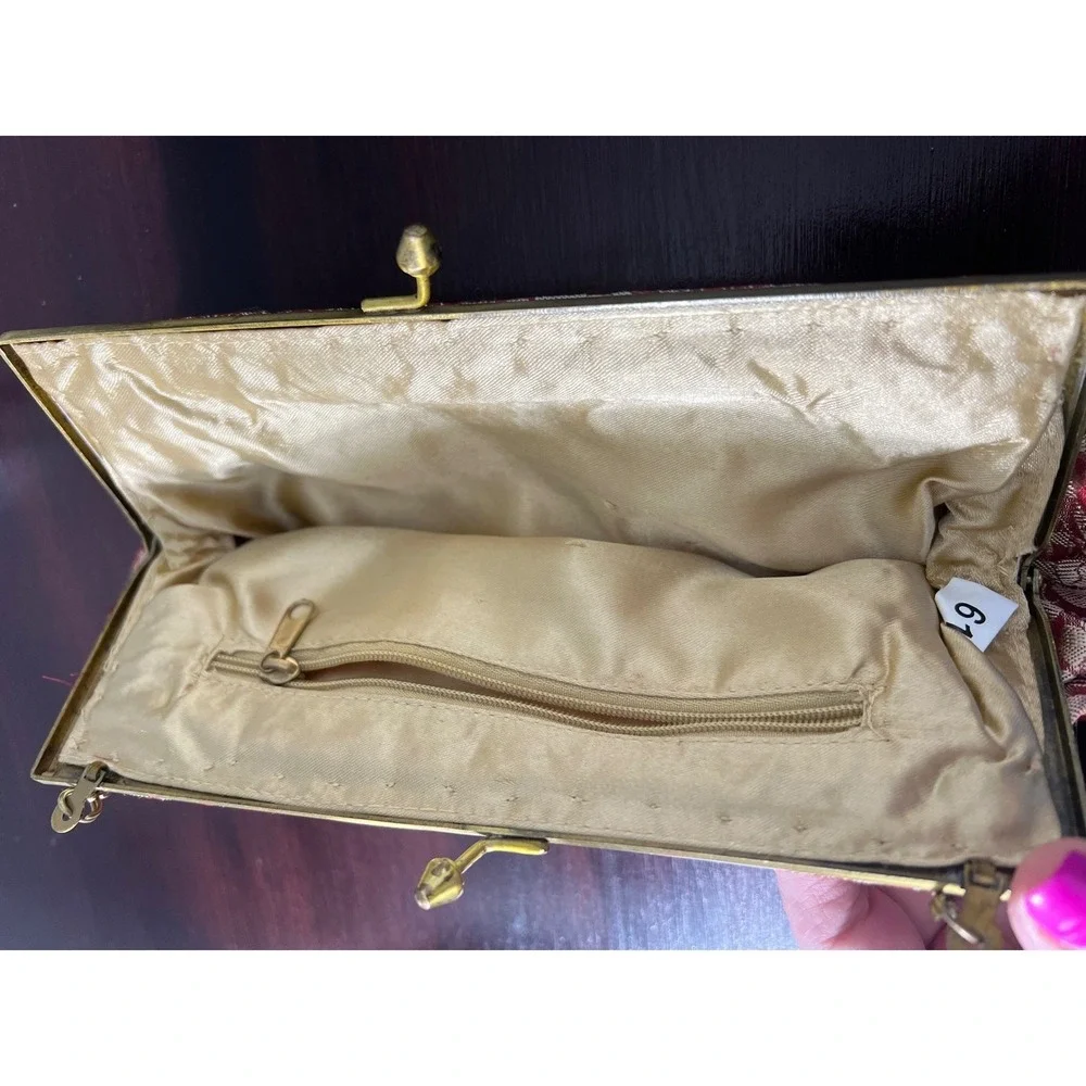 Vintage Pink Lace Beaded Floral Evening‎ Clutch Bag Gold Chain Made in India